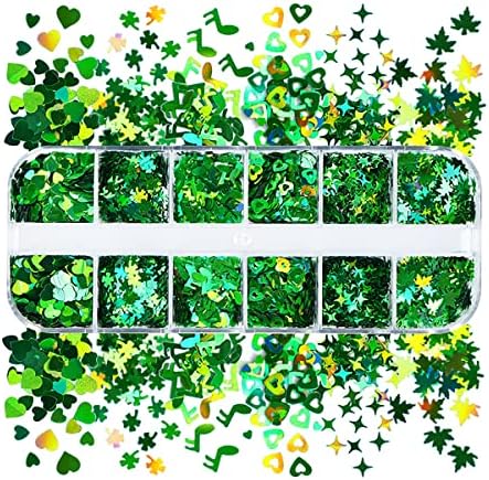 12 решетки Сент Патрик Денот на ноктите за нокти материјали ласерски зелени пролетни нокти sequins сјајни со срамни срцеви starвездички јавори