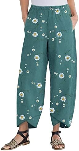 Постелнини панталони за жени, широко еластични половини, исечени исечени панталони, јога случајни боемски високи издигнувања на