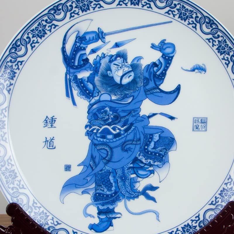 Jkuywx кинески стил сино -бел домашен декорација тркалезна порцеланска плоча дрвена база сет