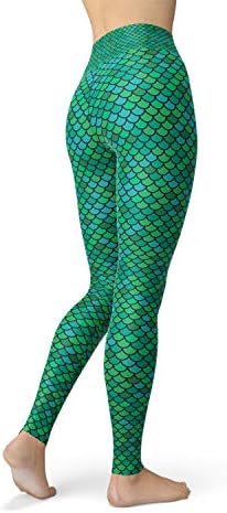 Зелена сирена хеланки за јога за жени со високи половини панталони со риби со печатење на риби