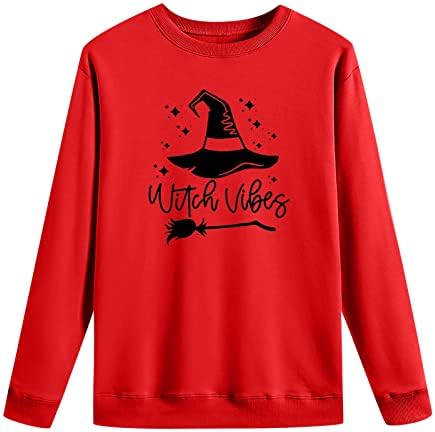 Narhbrg 2022 женски кошула за Ноќта на вештерките, пулвер врвови на врвови лабава обична екипаж маица буква вештерка за вештерки