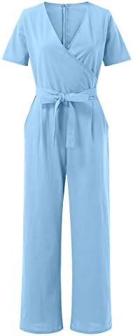 Shengxiny женски памучни постелнини за постелнина, еластични нозе широки нозе со џебови, v v вратот дама летни облеки