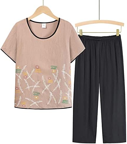 2 парчиња летни облеки за жени плус големина Обични лабава лабава постари жени пижами поставуваат кошула со кратки ракави и панталони