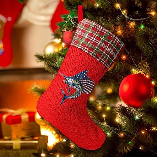 Марлин риба Патриотска американска знаме на знамето за Божиќни празници Реверзибилни бои Промена на магичен фонд за Божиќно дрво Камино виси чорапи