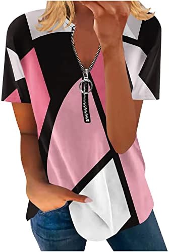 Летни врвови за жени Zipper v вратот TEES Обични кошули со краток ракав за кратки ракави за печатење во боја на блуза за канцеларија