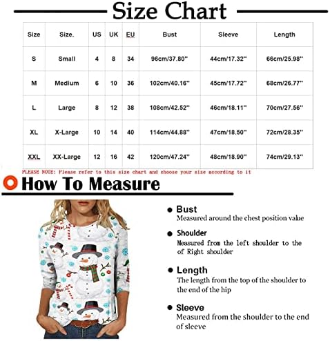 Божиќни врвови за жени Божиќ смешна симпатична графичка маица женски 3/4 ракав обични кошули трендовски блузи лабави