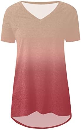 Hgccgdu женски блузи фустани летен краток ракав летен туничен врвен градиент во боја блок v вратот од преголема скриена кошула за стомакот
