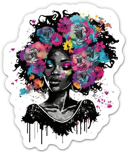 Црна жена со налепница за цвеќиња - налепница од лаптоп 3 - водоотпорен винил за автомобил, телефон, шише со вода - убава афроамериканска