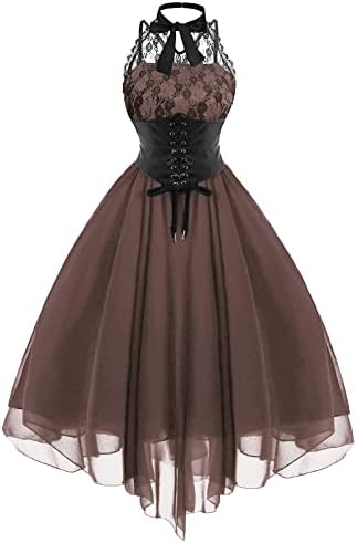 Womenенски без ракав готски фустан со корсет халтер чипка за замав коктел фустан официјални фустани за хипи на Ноќта на вештерките