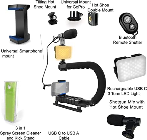 Комплет за видео во блогирање на видео за iPhone Android & камери стабилизатор LED светло, микрофон, држач за телефони, монтирање