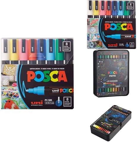 Поставен маркер за бои од 8-боја, сет на маркери за бои со POSCA, PC-5M MEDIOR + 8-бои за бои, сет, PC-3M Fine Point + Heat Plable
