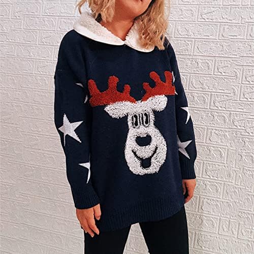 Грд божиќен џемпер за жени со кои се обиколи случајни џемпери за лабава печатење тинејџерки со долги ракави, плетени врвови на врвови