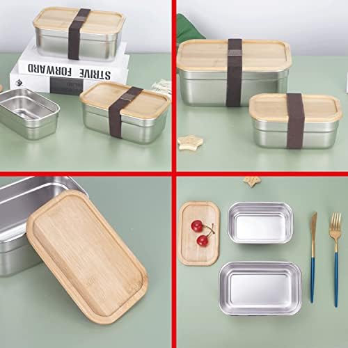 Кутија за ручек со храна од не'рѓосувачки челик од не'рѓосувачки челик со контејнери за капаци од бамбус за училиште/ отворено