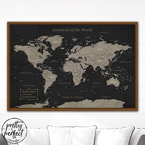Обична семејна мапа за патувања во голема персонализирана светска мапа врамена wallидна уметност за парови дневна соба, преголема шарена