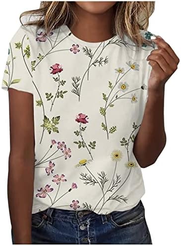 Врвови за жени 2023 летни кратки ракави Туника манжетни модни цветни печатени екипа на екипа на лабава блуза со маици