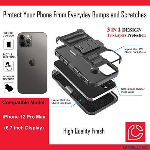 Случај охајо Компатибилен со iPhone 12 Pro Max [Заштита Од Воено Одделение Отпорна На Удари Тешка Футрола За Футрола За Заштита на Црно Куќиште] за iPhone 12 Pro Max 6,7 инчи