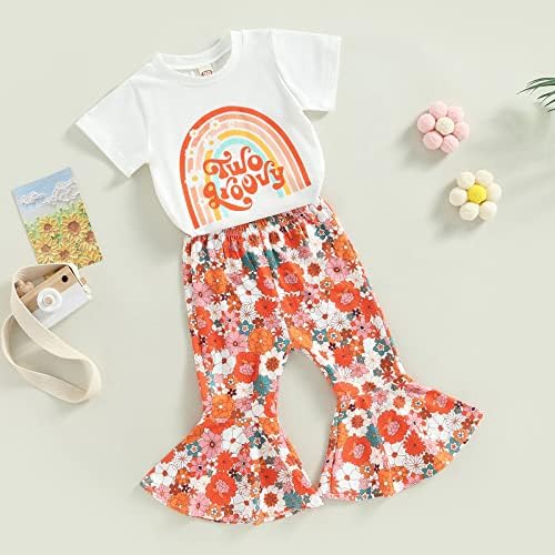 Сет на летни облеки за бебиња девојче, сет на маици со кратки ракави на виножито, разгорени панталони за дното на дното 2 парчиња облека