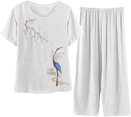 2 парчиња облеки за жени лето еластична половината Капри салон панталони со кратки ракави екипаж вратот на вратот на врвовите