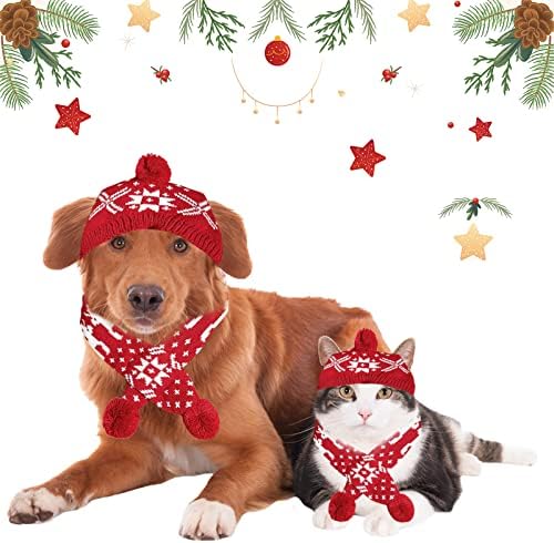 2 парчиња Божиќни миленичиња шамија сет зимско топло кутре јака плетење миленичиња капа за кучиња мачка додатоци за прилагодување на шал за печатење и капа за мали
