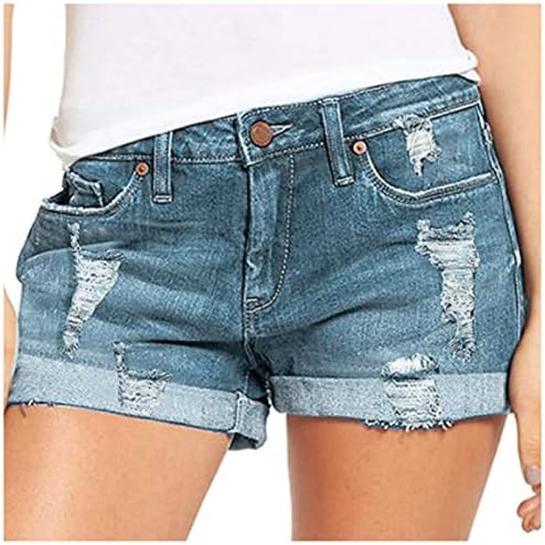 Jeanан шорцеви женски искинати дупка вознемирени од средниот дел на половината со тексас со џебови се протегаат летни обични удобни