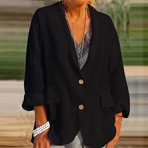 Womenенски моден солиден отворен преден предниот дел од џеб костум Блејзерс Постелнина за обложување на надворешни облеки за женски светло