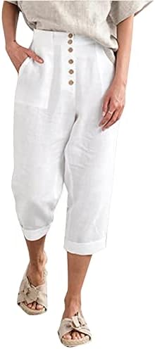 2023 година Нови памучни постелнини панталони за жени, копчиња широки нозе палацо капри со должина на работа, облечени случајни