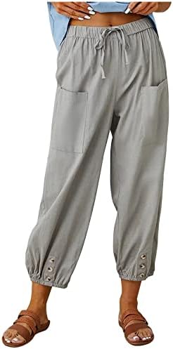 Памучни постелнини панталони за жени, влечење со високи половини со широки нозе, лабава вклопена во каприс удобни модни лаги панталони