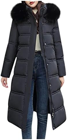 Долги зимски палта за жени со качулка со качулка, топло ладно крзно подуено качулка, целосна патент со ватирана надворешна облека