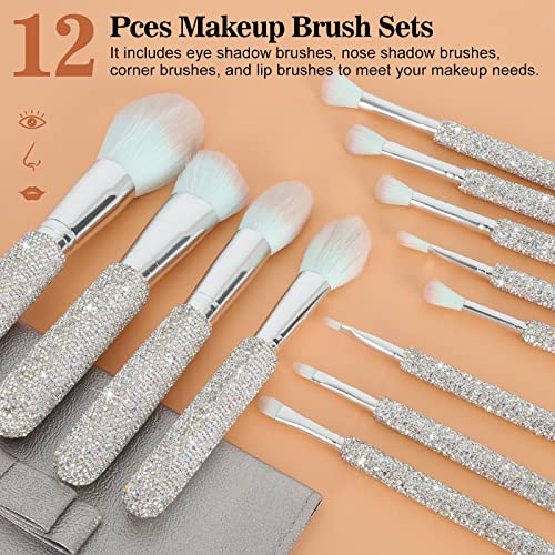 Bling Crystal Rhinestones четки за шминка 12 парчиња, сјајни и убави алатки за шминка поставени со торбичка торбичка за лице, очи и нос