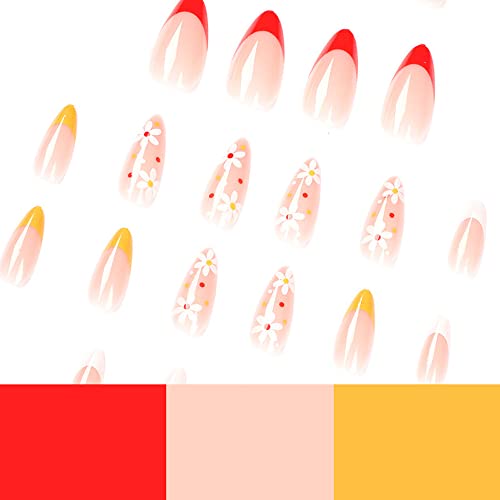 Hakjxos Прес на нокти со средна должина лажни нокти Исклучителни бели акрилни нокти портокалова цветна природа дизајн за жени