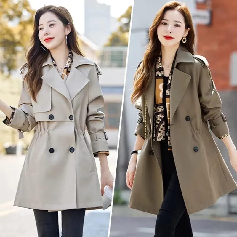 Hsqibaoer корејски жени со средна должина на палто, обичен јака со двојно гради со високи ветерници класична надворешна облека
