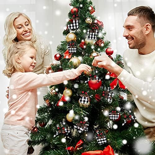 12 парчиња Божиќни украси од дрвени дрвја Божиќ Бафало карирани украси црна проверена елка украс фарма куќа Божиќ виси DIY украси со