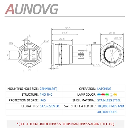 AUNOVG 22mm Копче За Заклучување Прекинувач За Притискање 12V LED Светло Метал Водоотпорен 12 Волти Прекинувач За Вклучување Исклучување