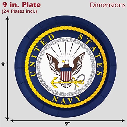 Партии за забави на морнарицата на САД Хаверкамп! Вклучува 24 lg. 9 ”тркалезни плочи за вечера во официјалниот лиценциран морнарски печат.