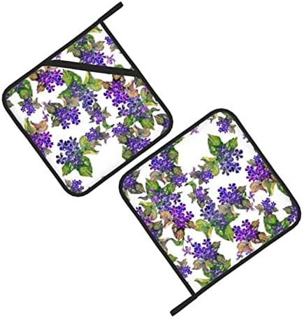 Виолетова виолетова цвеќиња Зелени лисја држачи за тенџере постави топлинска рерна без лизгање топли влошки со рачни џебови и висечки