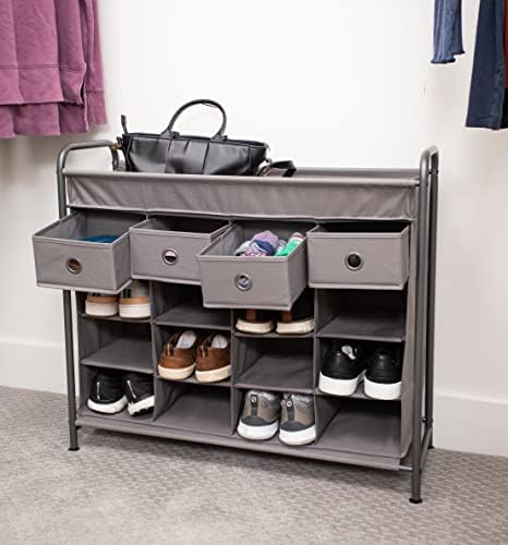 Организатор на решетката за чевли од Birdrock Home 16 со 4 фиоки - сива - бесплатна стоечка кабинета за плакарот - Цврста метална рамка - Заштеда на простор - Организација за ?