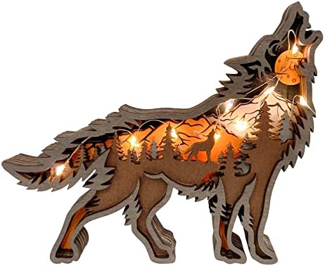 Идотодо Волк и планини слоевит дрвен врежан украс со светла, шумско животно повеќеслоен 3Д декор
