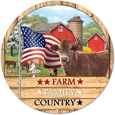 Тркалезен метален знак рустикално дрво жито семејство семејство патриотска американска знаме и фарма животни потресена врата дома знак гроздобер