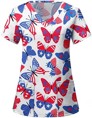 4 јули Блузи За Жени Американско Знаме Летна Кошула Со Кратки Ракави Со Врат Со 2 Џебови Блуза Врвна Празнична Секојдневна Работна Облека