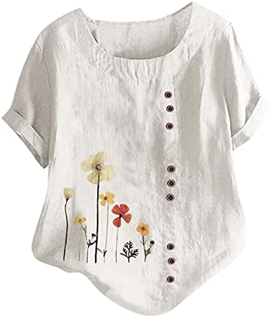 Плус големина на постелнина за жени шарени цветни печатени копчиња маица летен круг на кратки ракави со кратки ракави