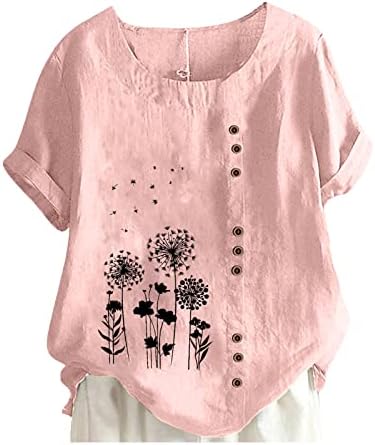 Плус големина памучна постелнина маици женски случајни кратки ракави за цвеќиња за цвеќиња од цвеќиња од цвеќиња, лабава тенок о-врат