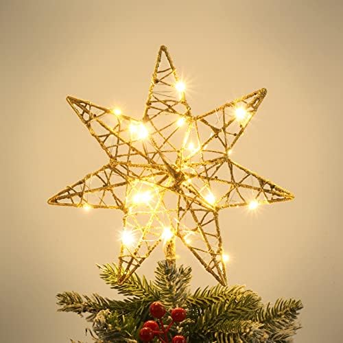 Топер За Божиќна Ѕвезда, 10 Инчи Осветлен Врв На Ѕвезда На Дрво, Златна Ѕвезда На Новогодишна Елка со 20 ЛЕД Светла, Топер За Новогодишна