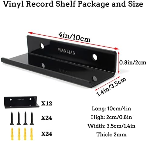 Wanlian 12 пакет винил рекорд полица за албуми, црна акрилна винил рекорд држач wallид монтирање, полици со лебдечки рекорди од 4 инчи за приказ на албумот LP, складирање на