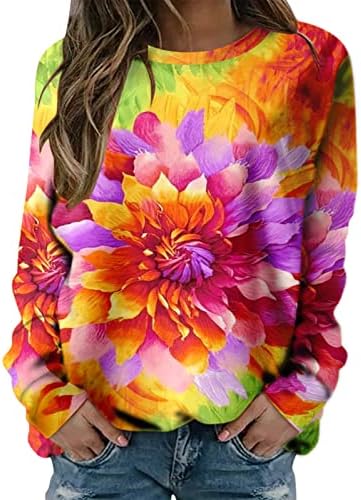 Пимелу безука за џуџиња за жени, џемпери на екипаж, цветни печатени екипаж џемпер од вратот, лабава кошули блуза