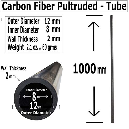 Karbxon - цевка за јаглеродни влакна - 12мм x 8mm x 1000мм - пултирани тркалезни шупливи шипки со јаглеродни влакна црна мат финиш - чисти јаглеродни влакна шупливи цевки - за RC