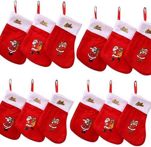 12 парчиња мини Божиќни чорапи, ткаенина со Дедо Мраз печатена за Божиќна декорација Случајна шема