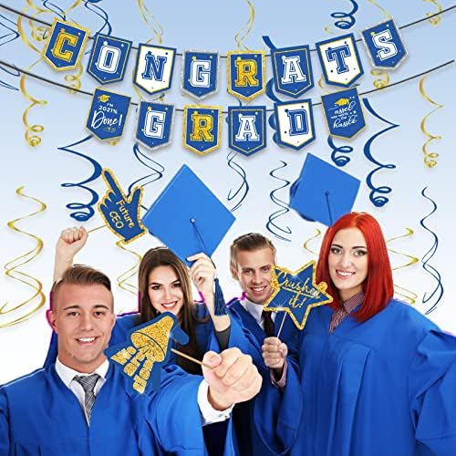 2022 Вистински сјај за дипломирање на фото -штанд, реквизити, сини и златни големи фотографии со стапчиња за дипломирање на забави, за да се