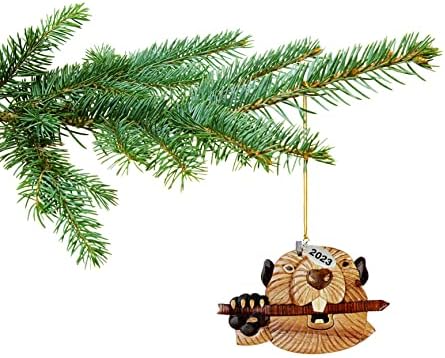 Орнамент од Бивер 2023 Дво -тон Божиќ украс - рачно изработен дизајн на дрво Интарсија - Доаѓа во кутија за подароци, така што е подготвен