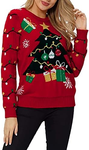 Среќни божиќни џемпери за жени Тенок се вклопуваат кратки долги ракави, тркалезен врат Божиќ, дама подарок џемпер
