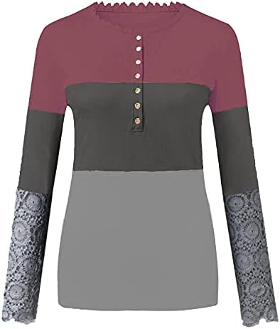 Henley кошула женска чипка модна врвна кошула долга ракав О-вратот Туника предно копче женски високи маици памук памук